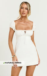 Maddy Mini Dress - Ruched Bust Short Sleeve Dress in White
